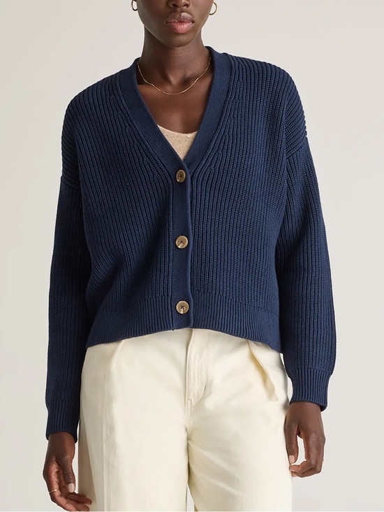 Quince Sweaters - Quince Organic Cotton Fisherman Cropped Boxy Cardigan Sweater Chunky Blue XL
